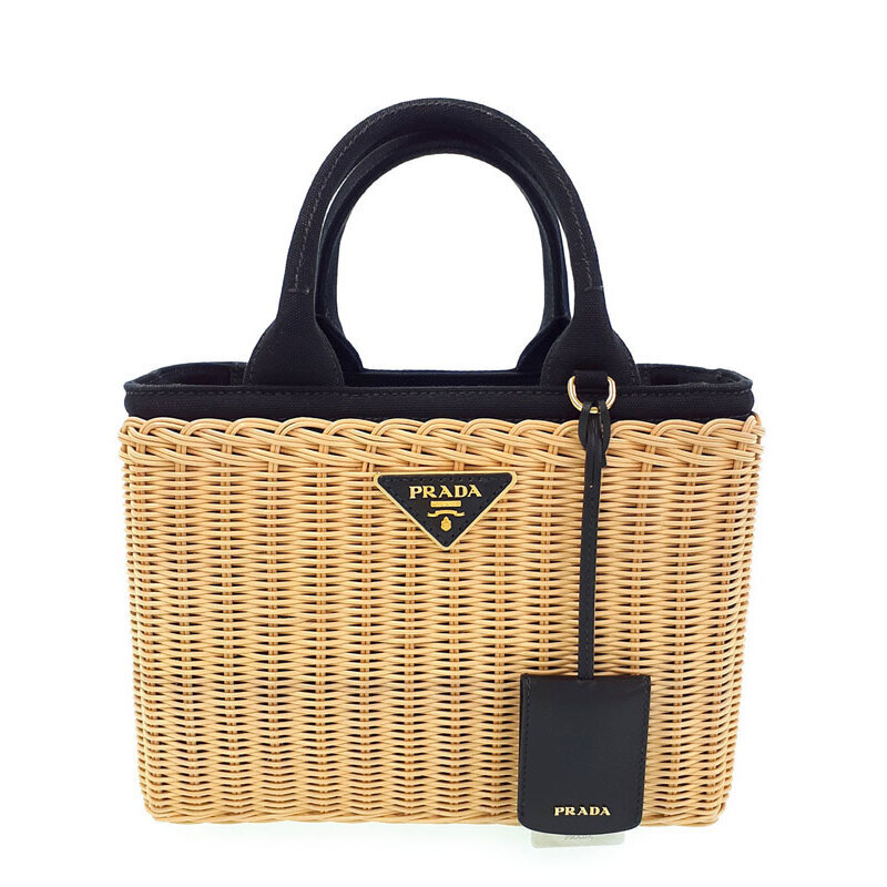 Prada Wicker Saffiano Basket Straw 2way Bag Tan Black
